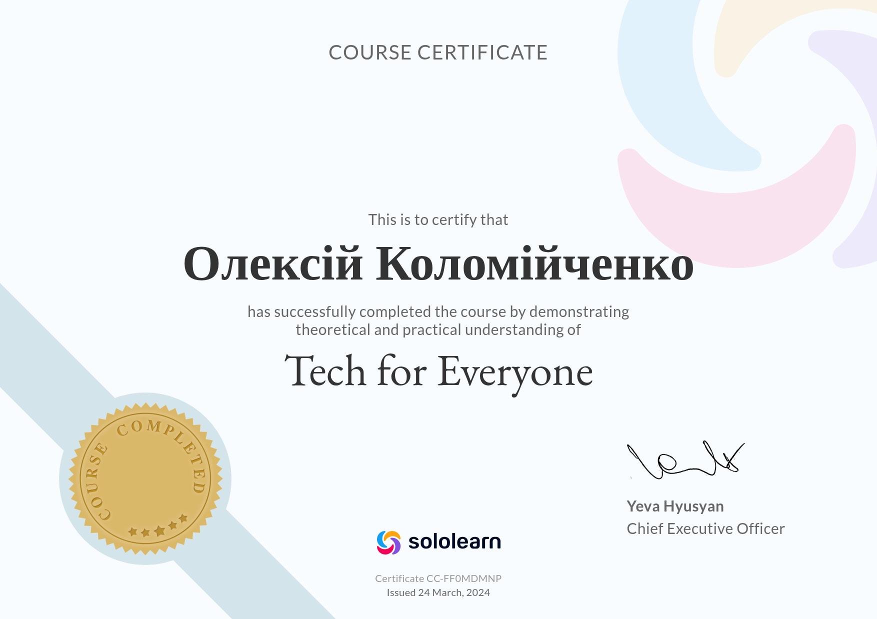 Tech for Everyone certificate